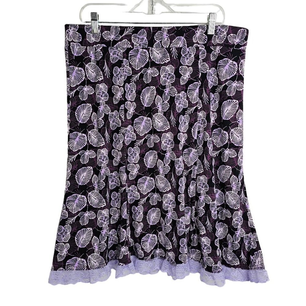 SAG HARBOR Skirt size L BLACK & PURPLE FLORAL w LACE Feminine Summer Spring Cute